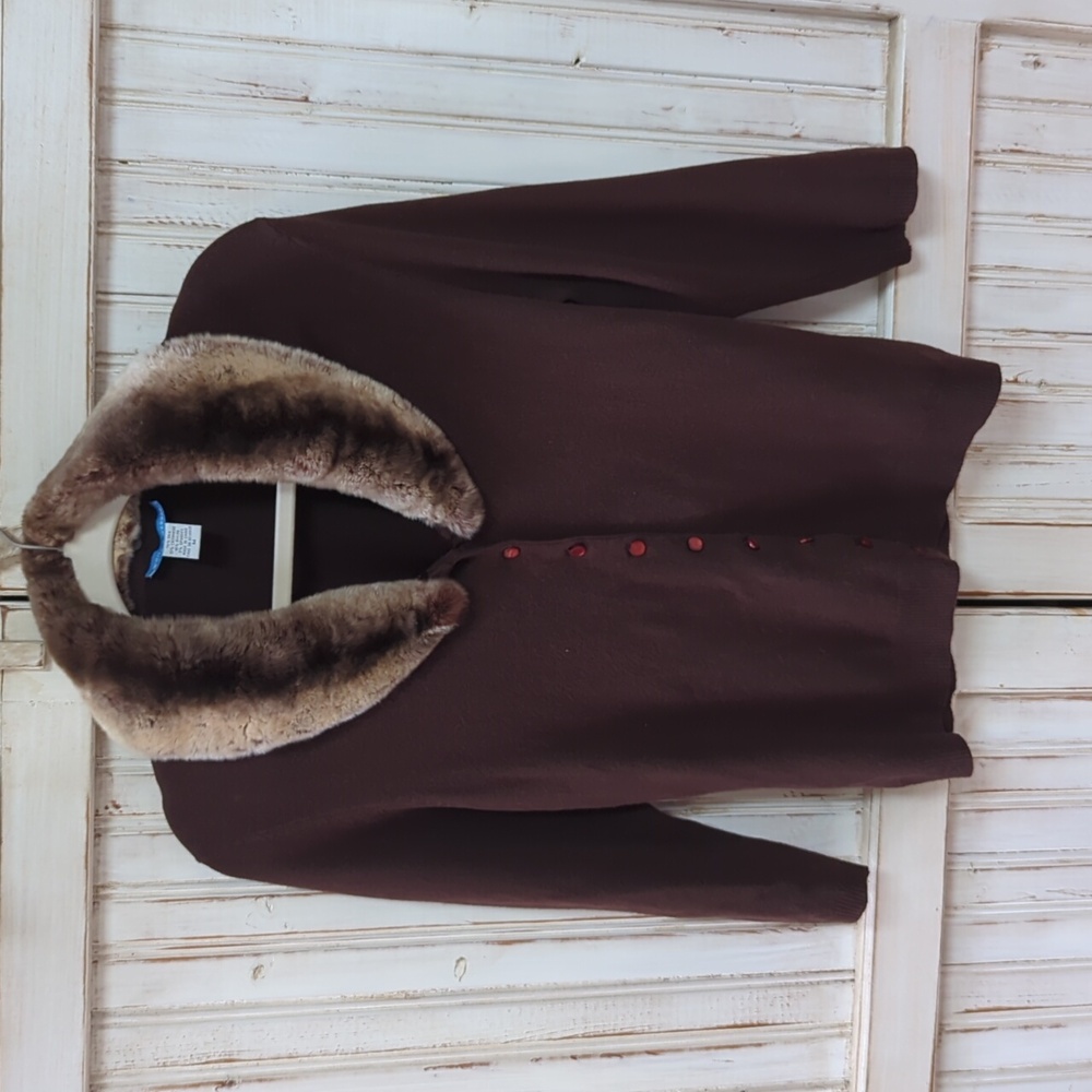 White + Warren, silk and cashmere, fur collar cardigan. Medium